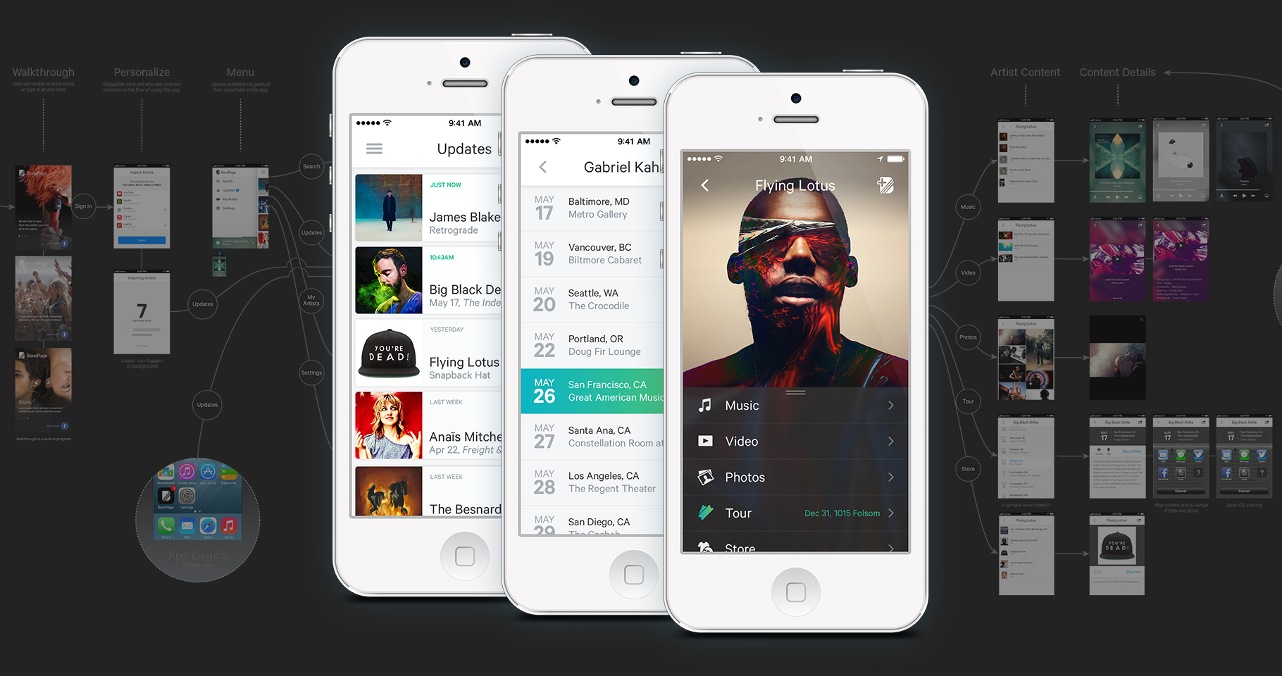 Music app design featuring an artist photo, tour dates and merch
