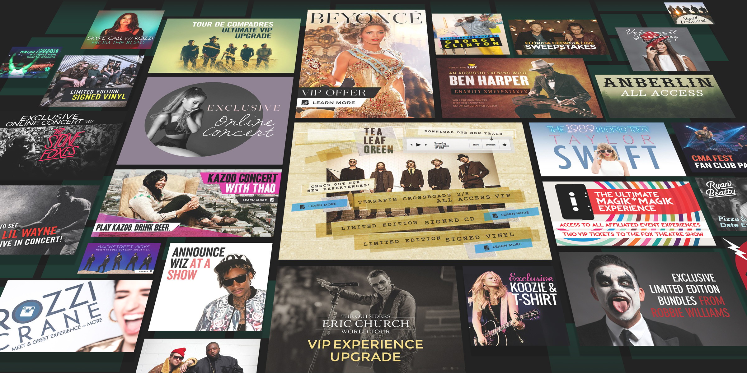 Colorful grid of ads for various musicians