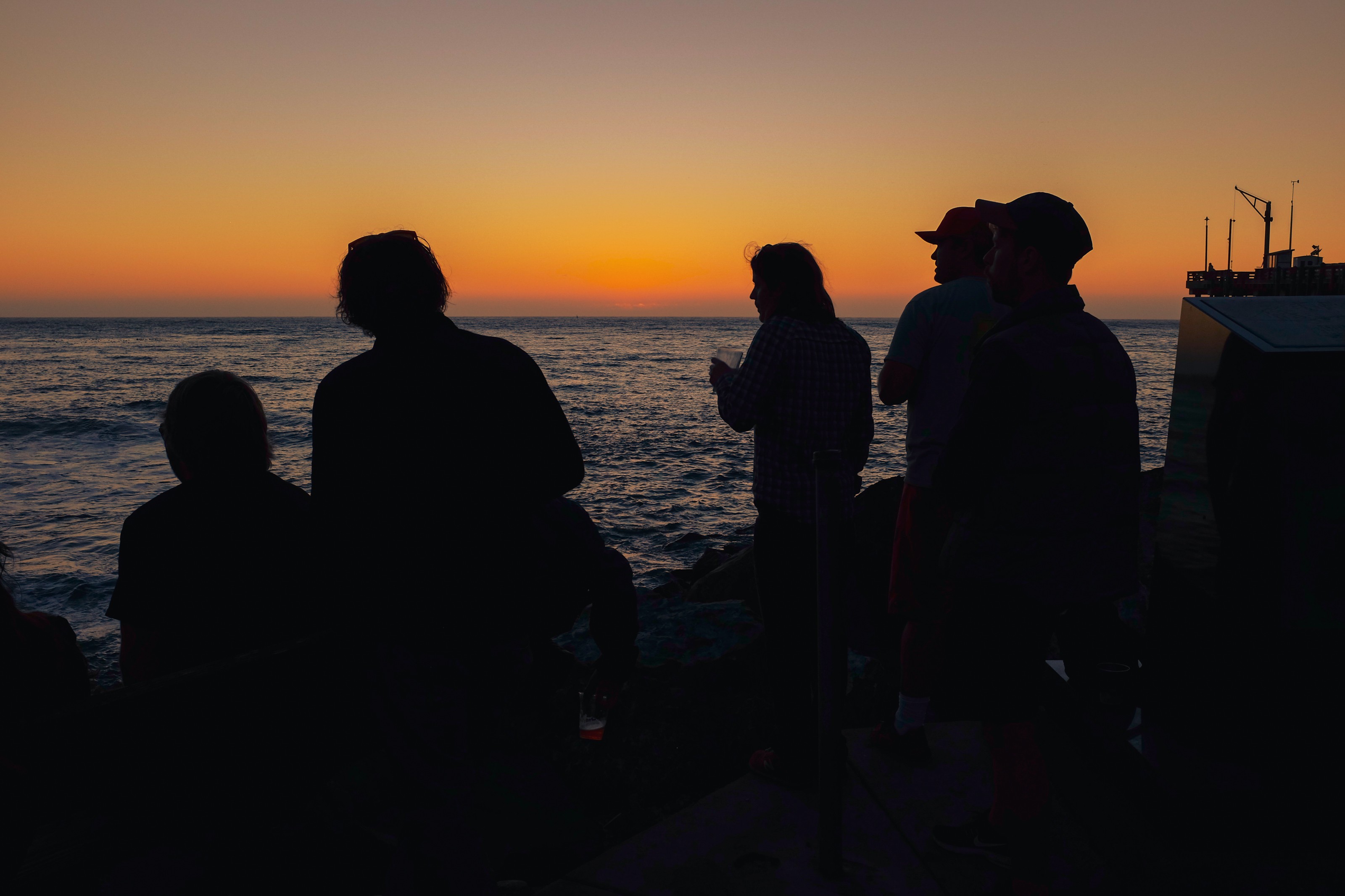 Group of people by the ocean silhouetted by a sunset