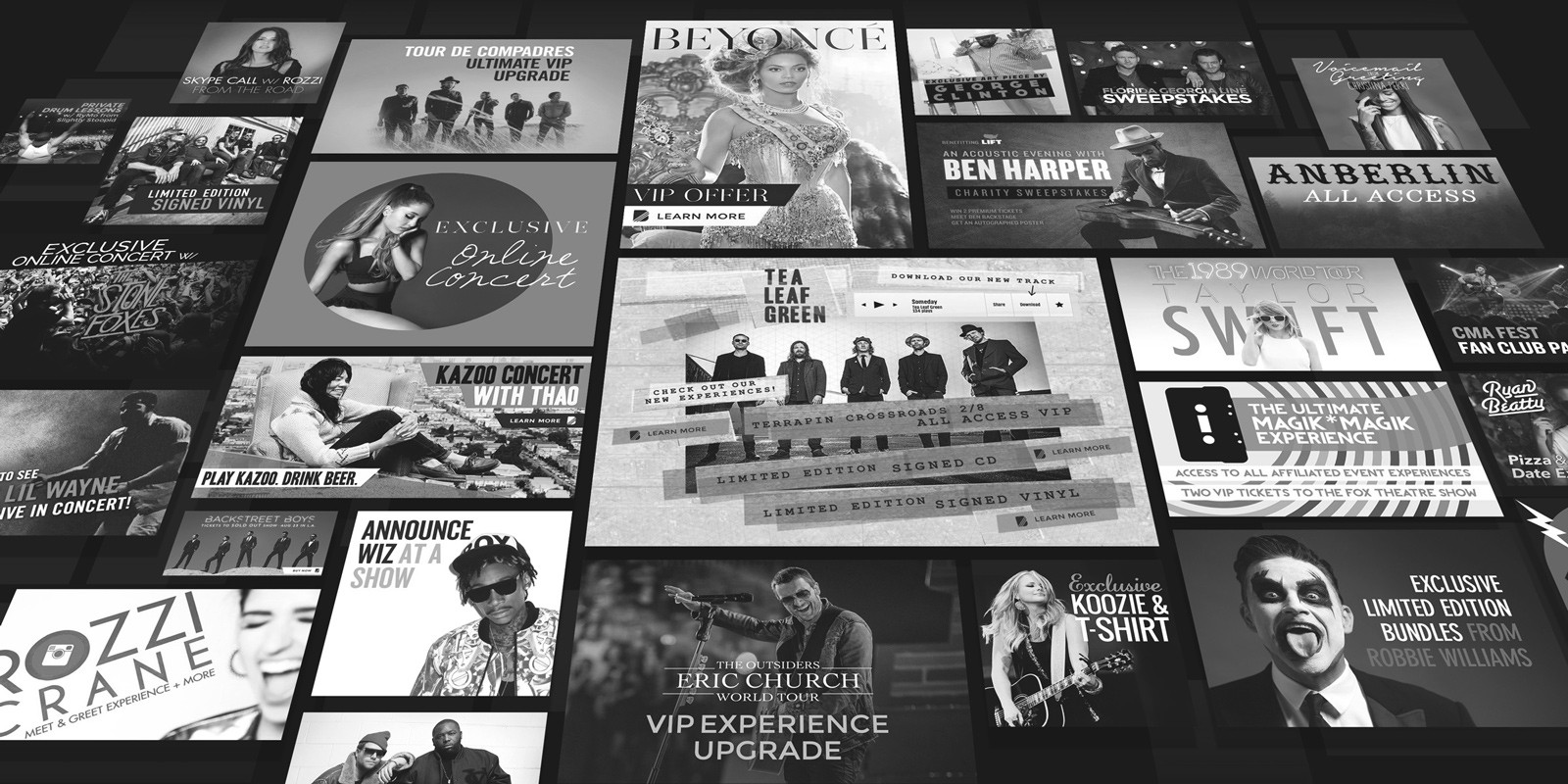 Grid of ads for various musicians