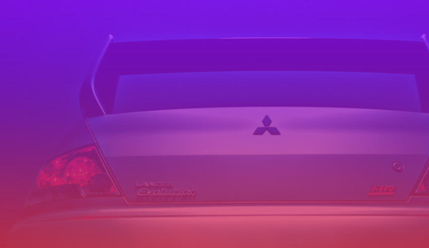 Mitsubishi sports car under a purple to red gradient