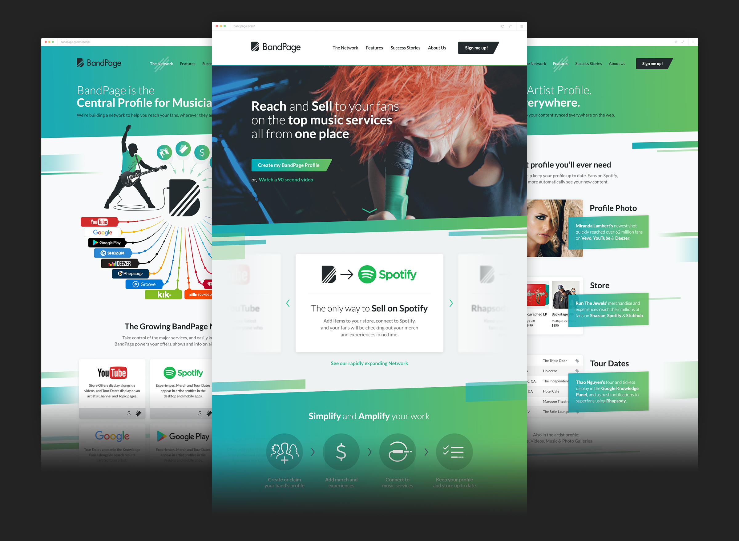 3 colorful website page designs for a music company