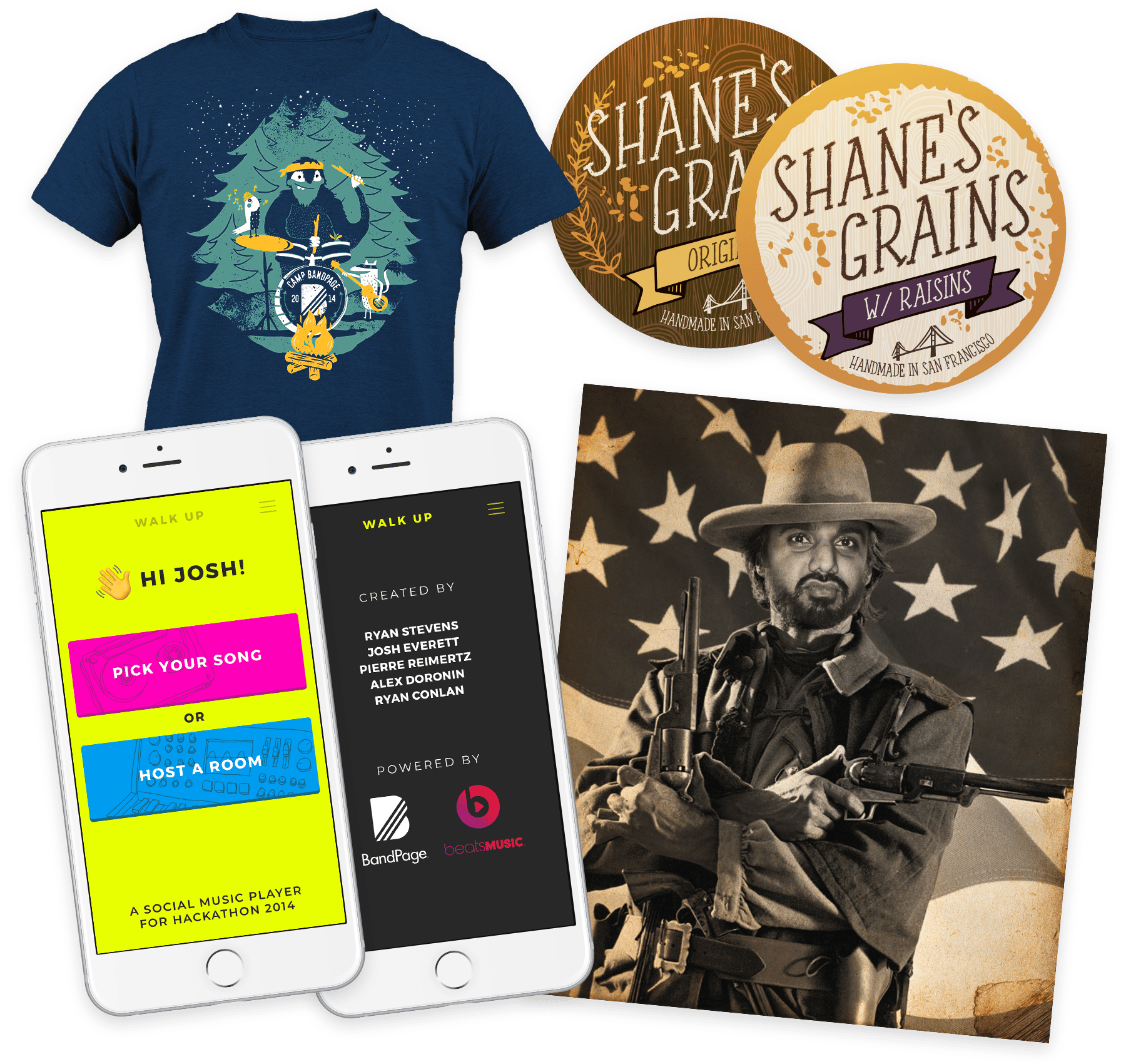 Tshirt with woodland creature musicians, granola labels, a phone app demo, and an Indian man looking like Clint Eastwood