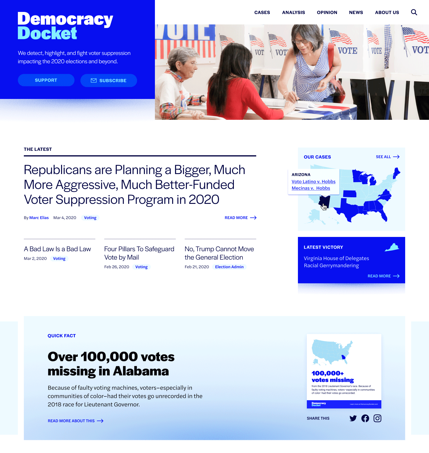 Democracy Docket website design with headlines, a map, and infographics