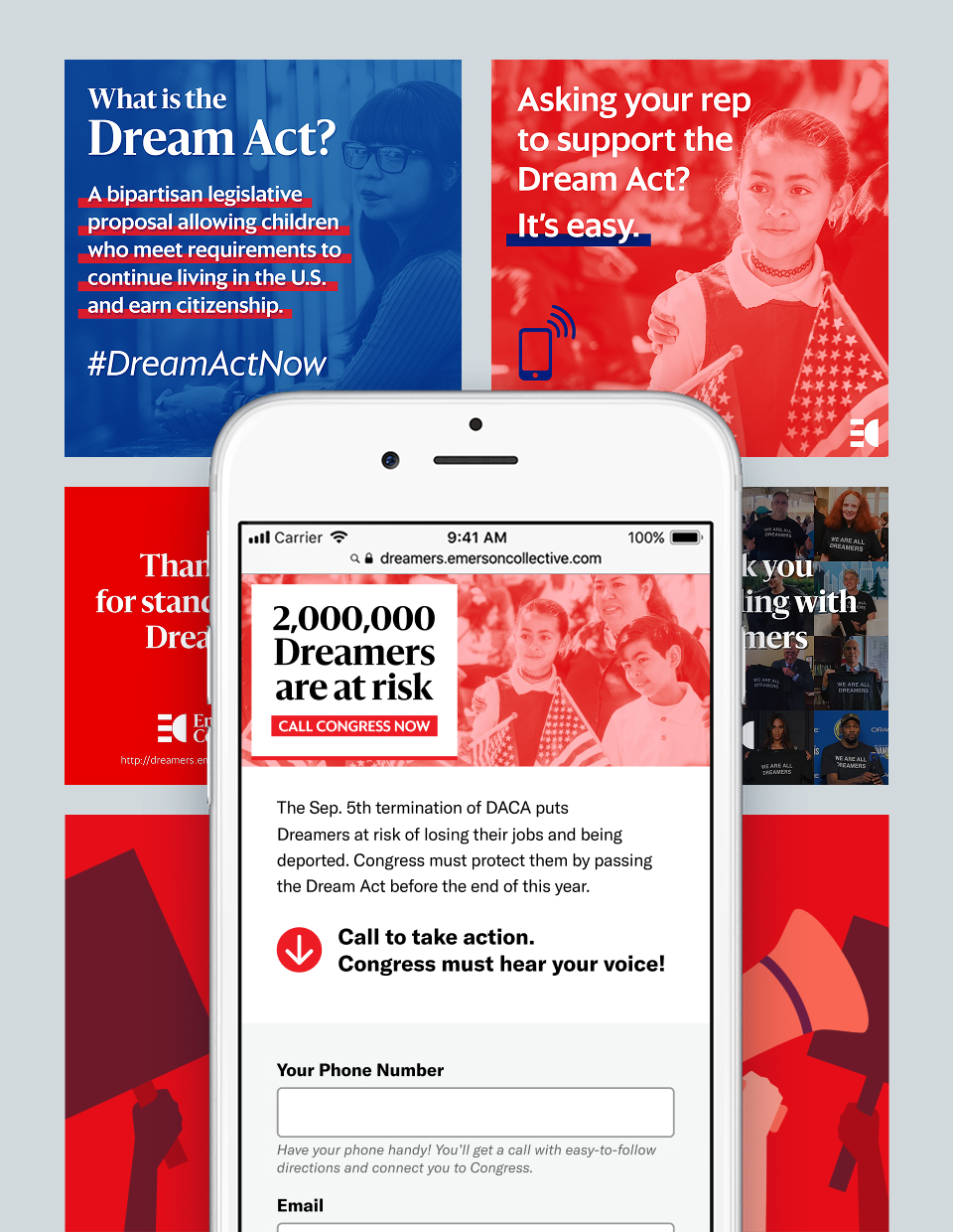 A grid of red and blue online ads about Dreamers and the Dream Act
