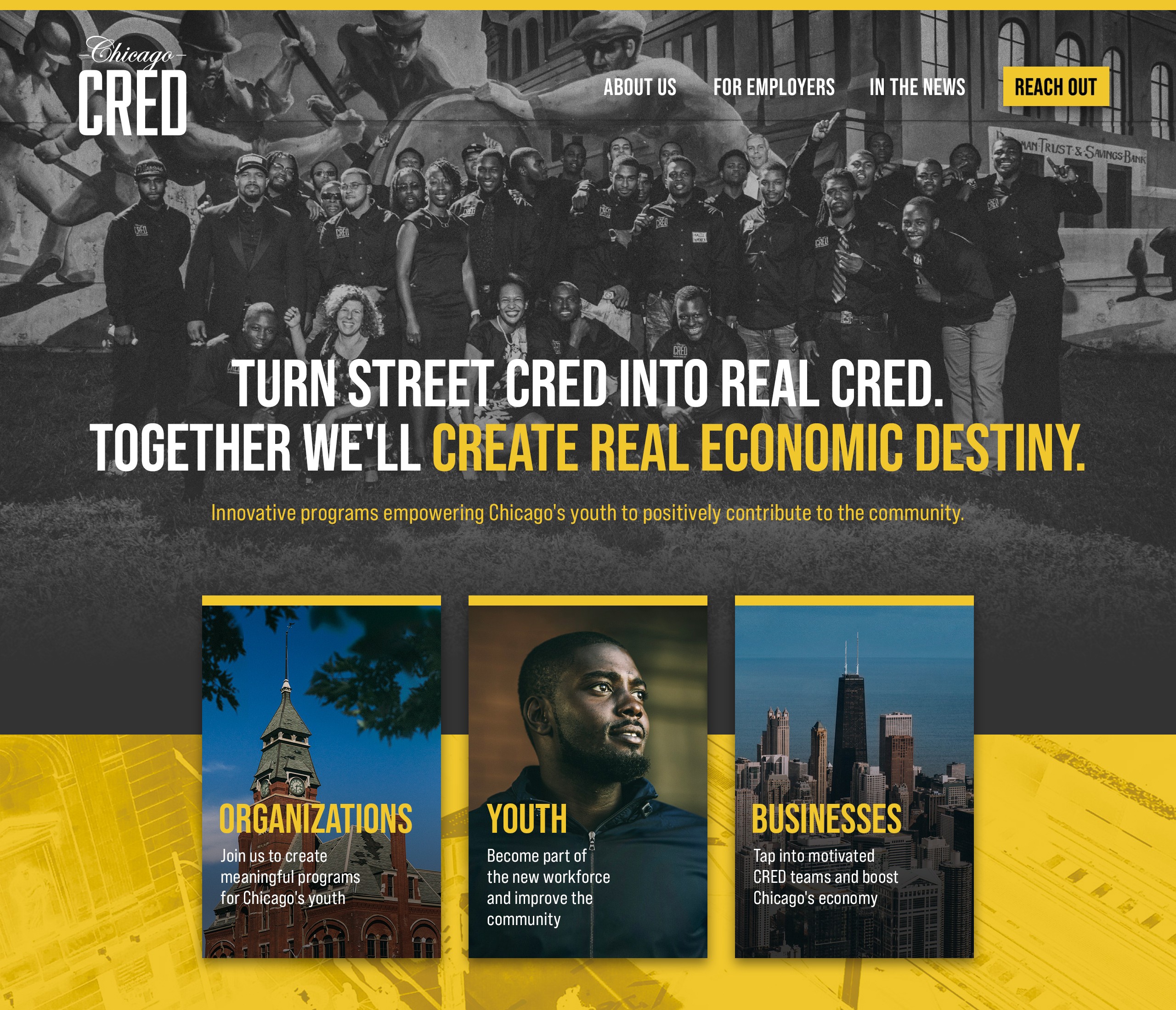 Chicago CRED website design with a black and white group of people celebrating