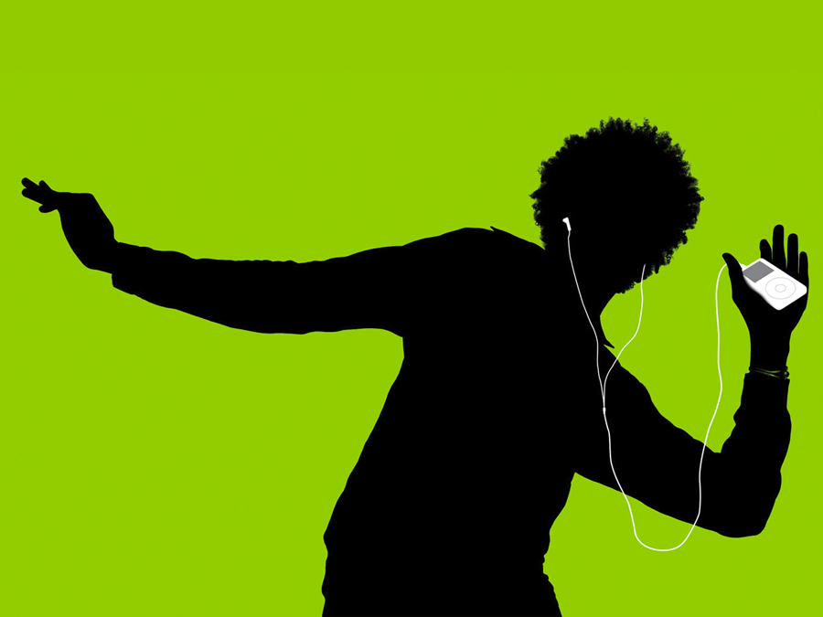 Dancers and musicians holding iPods and playing music