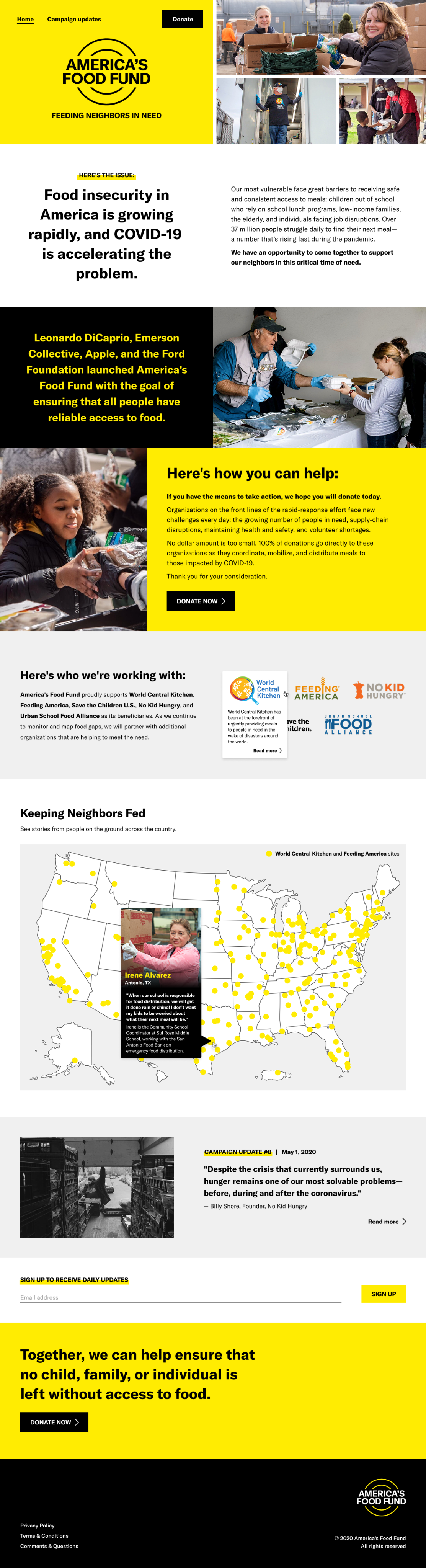 America's Food Fund website with yellow graphics and pictures of people distributing and receiving food