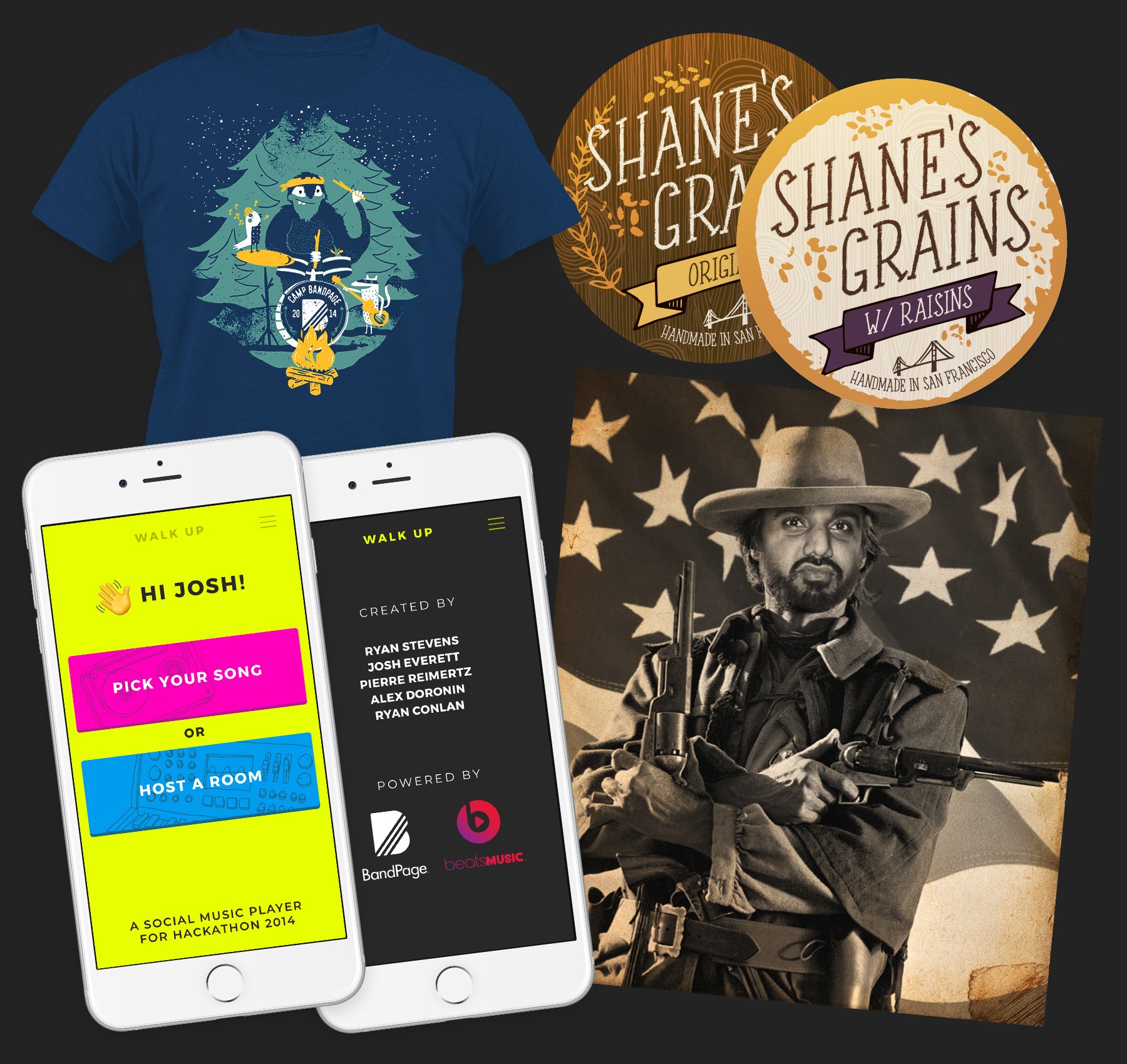 Tshirt with woodland creature musicians, granola labels, a phone app demo, and an Indian man looking like Clint Eastwood
